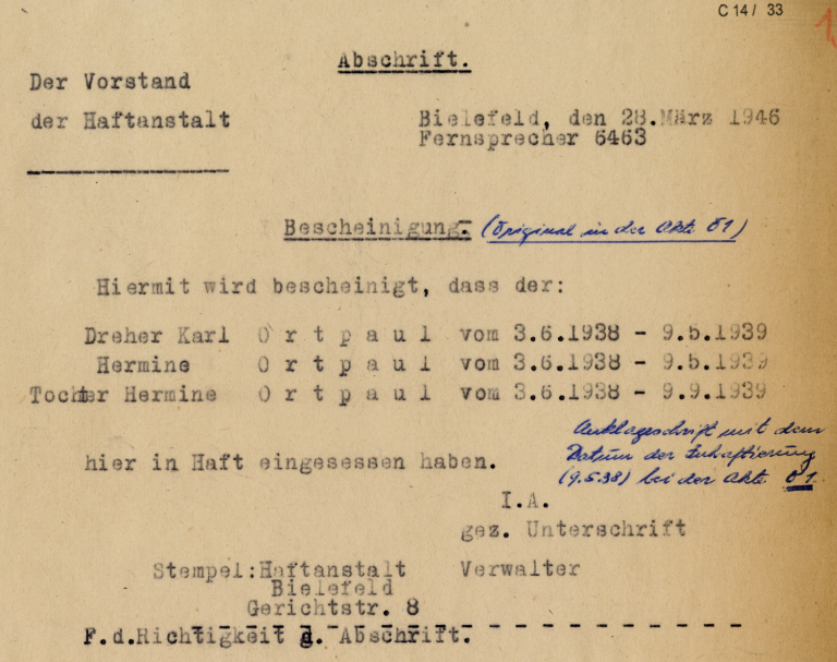 Bescheinigung über die Haftstrafen von Karl, Hermine und Tochter Hermine Ortpaul, 1946.