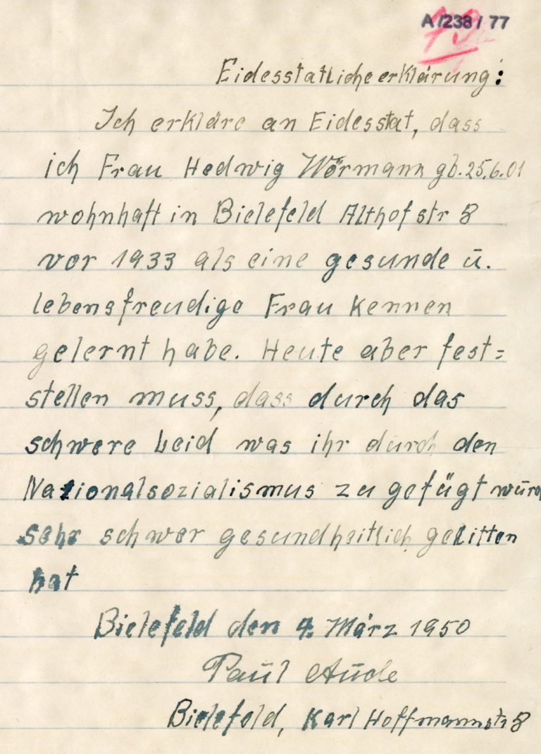 „Eidesstaatliche Erklärung“ von Paul Aude vom 4. März 1950.