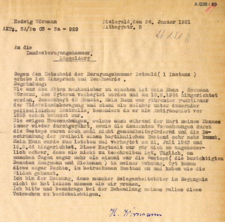 Einspruch und Beschwerde von Hedwig Wörmann – Schreiben an die Landesberufungskammer vom 14. Januar 1951.