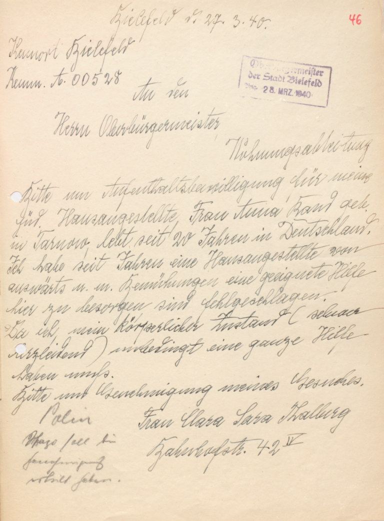 Bittbrief von Clara Thalberg an das Wohnungsamt Bielefeld, 1940.
