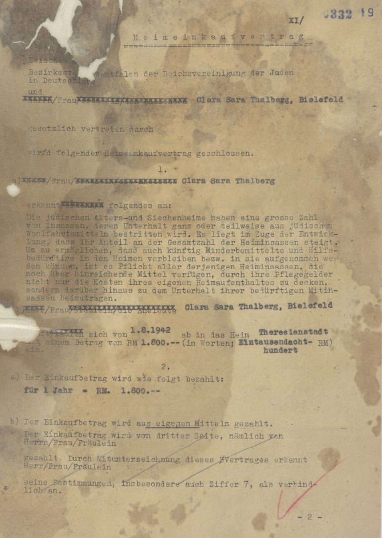 „Heimeinkaufsvertrag“ für Theresienstadt (Vorderseite).