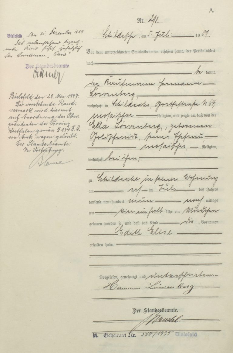Geburtseintrag Edith Feders geb. Löwenberg im Geburtsregister Schildesche 1909.