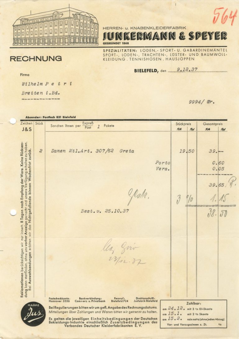 Briefkopf der Firma Junkermann & Speyer 1937.