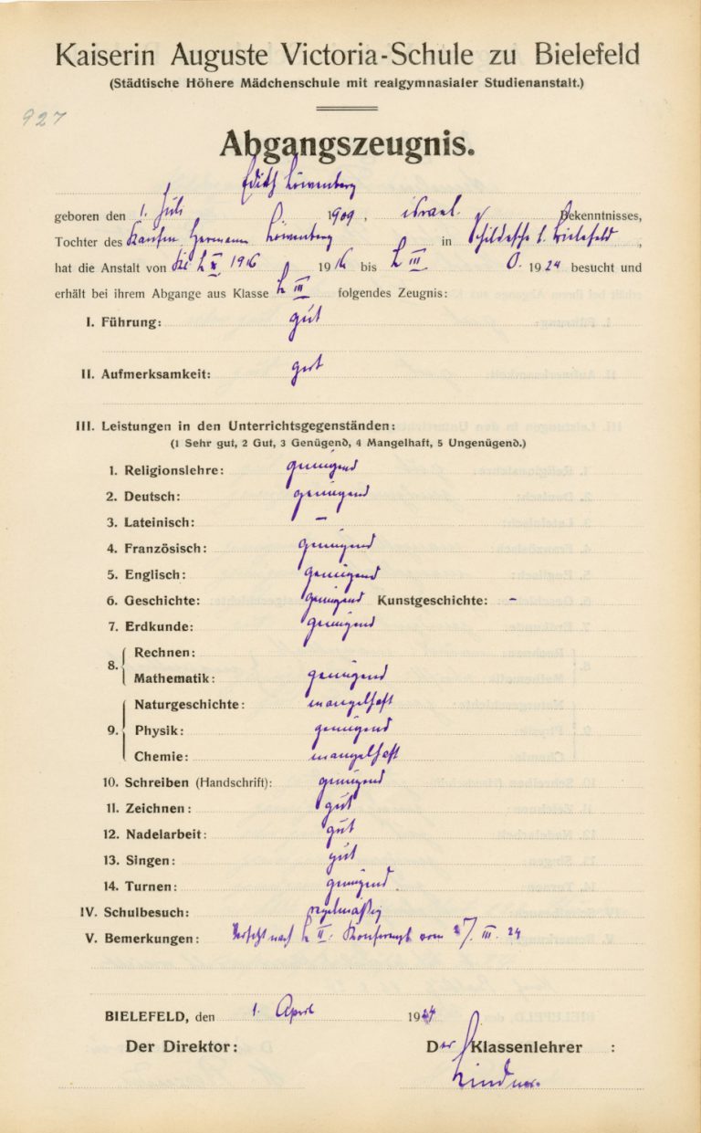 Zeugnis der Auguste Victoria-Schule Bielefeld für Edith Feder geb. Löwenberg, 1924.