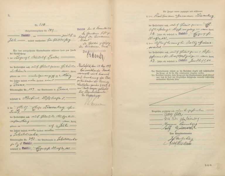 Heiratseintrag von Rudolf Feder und Edith Feder geb. Löwenberg im Heiratsregister Bielefeld 1935.