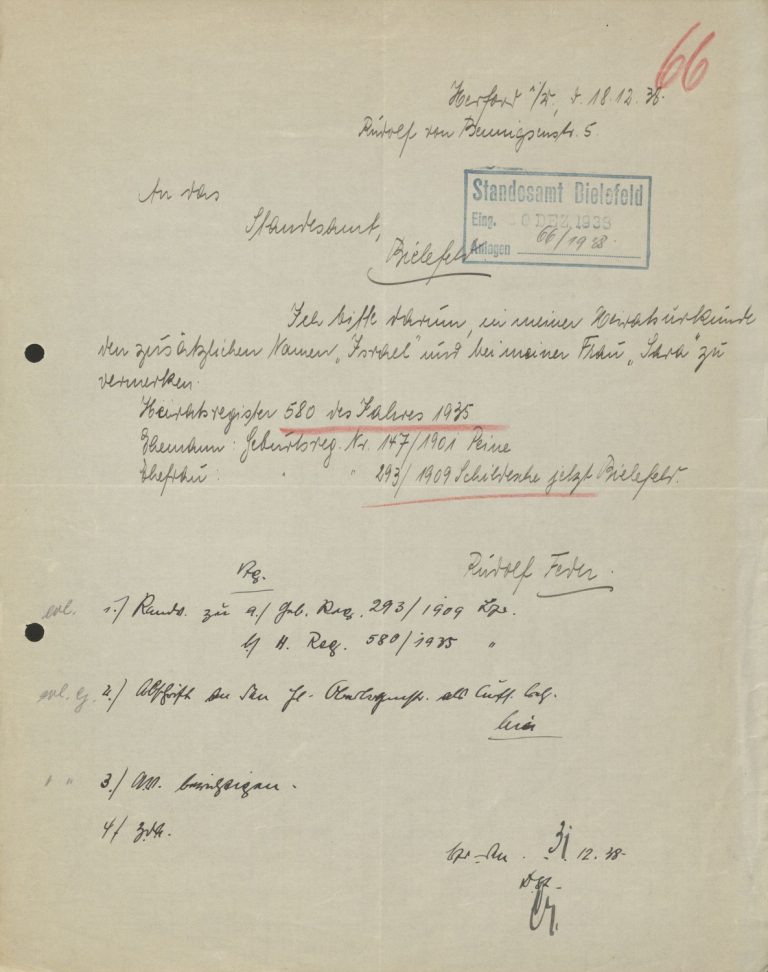 Antrag Rudolf Feders (Herford) auf Beischreibung der jüdischen Zwangsvornamen im Heiratsregister Bielefeld 1935, 1938.