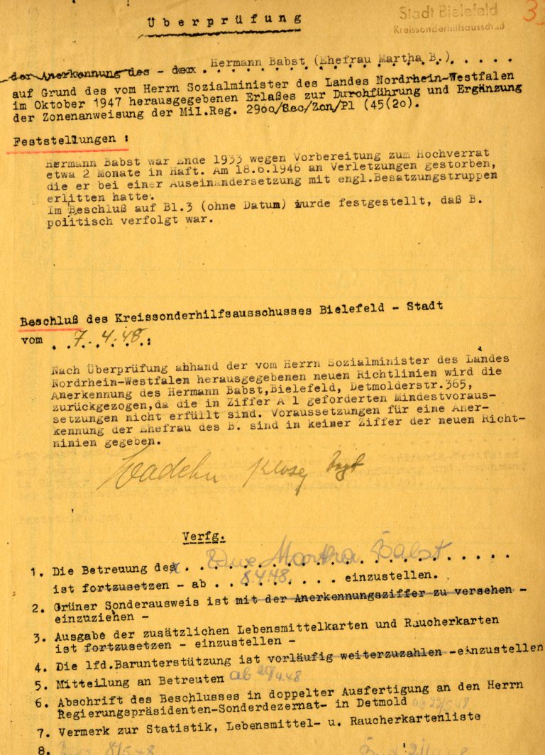 Aberkennung Hermann Babst als politisch Verfolgter im NS-Regime, 1948.