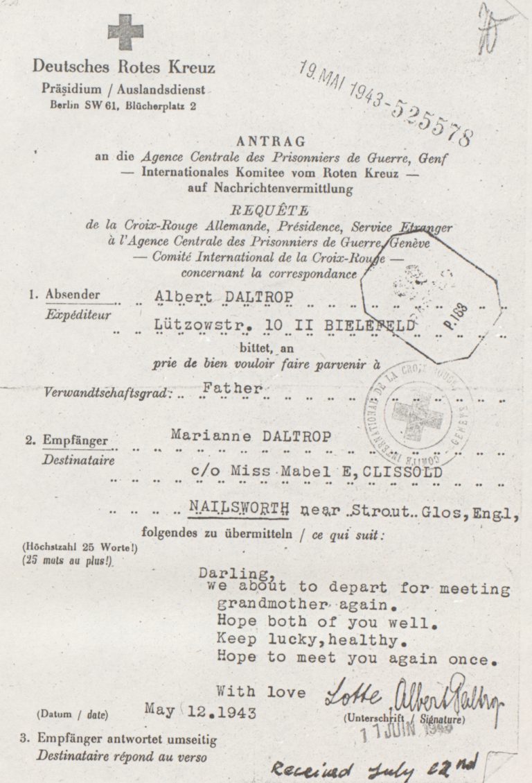 Ein letzter Brief der Eltern an ihre Kinder vor der Deportation, unwissend, ob man sich wiedersehen würde, 12. Mai 1943.