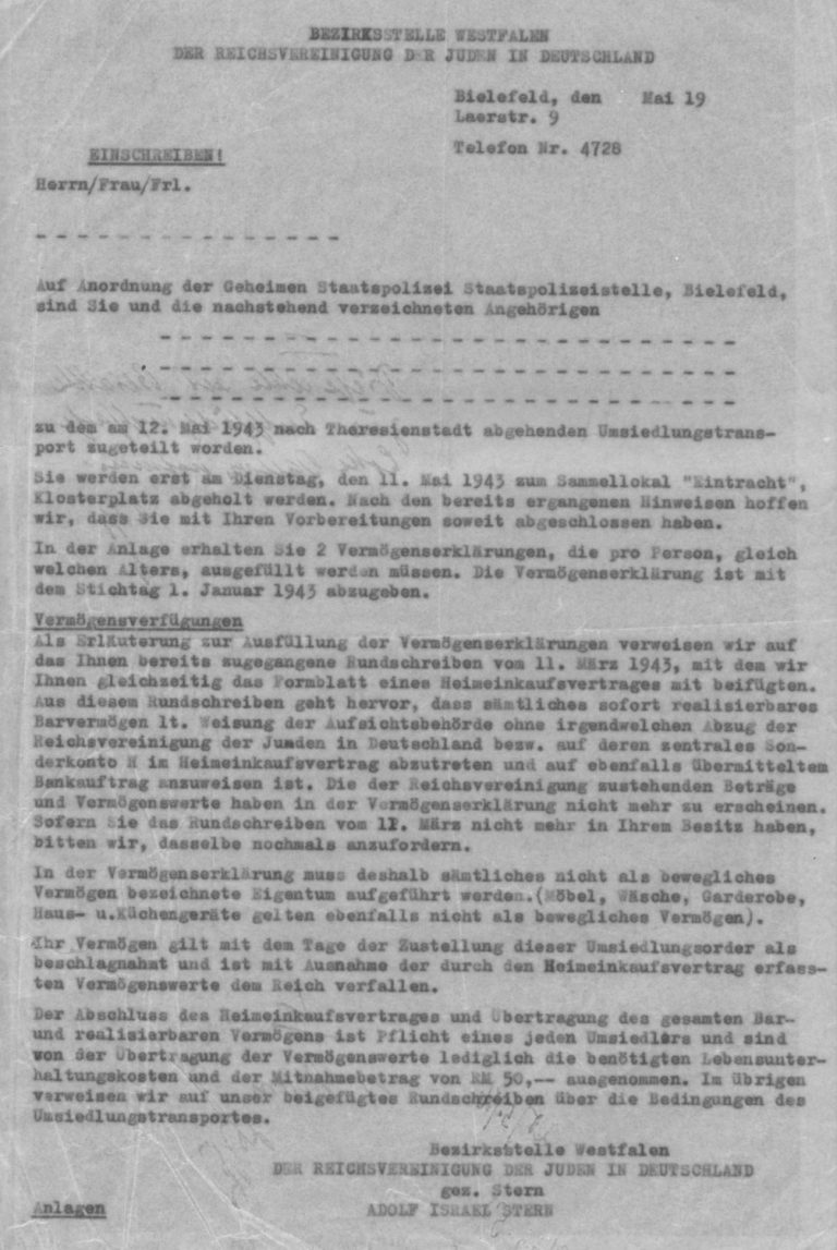 Der Brief informiert nicht nur über den Bevorstehenden „Umsiedlungstransport“, sondern auch über die Zwangsverwaltung des jüdischen Vermögens, 19. Mai 1943.