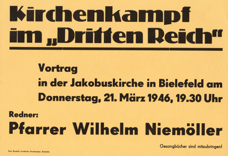 • Plakat „Kirchenkampf im Dritten Reich“ zum Vortrag von Wilhelm Niemöller in der Jakobuskirche in Bielefeld, 1946.
