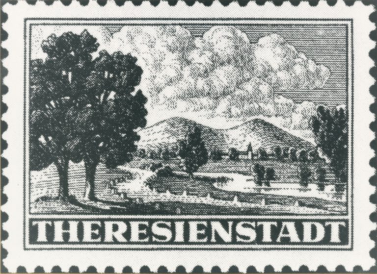 Briefmarke „Theresienstadt“, stilisierte Darstellung des „Ghettos“ als Teil der nationalsozialistischen Propagandainszenierung. Stadtarchiv Bielefeld, Bestand 400,3/Fotosammlung, Nr. 95-013-138
