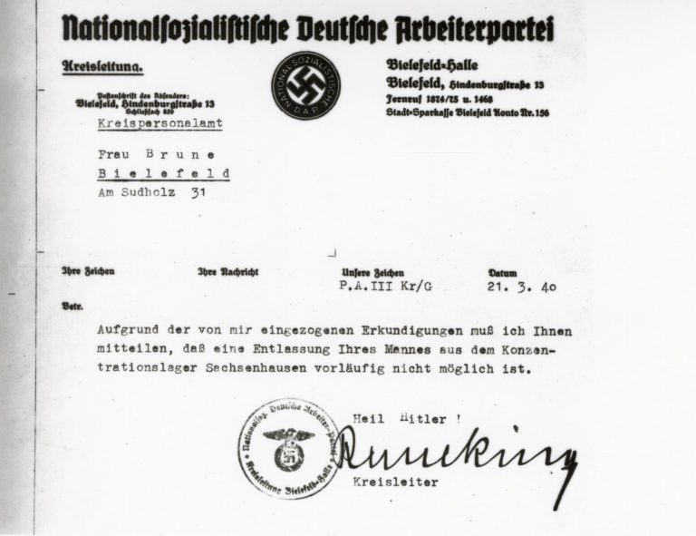 Nachricht, dass Ernst Brune nicht aus dem Konzentrationslager Sachsenhausen freigelassen wird, 1940. Stadtarchiv Bielefeld, Bestand 200,110/Nachlass Dr. Monika Minninger, Nr. 87