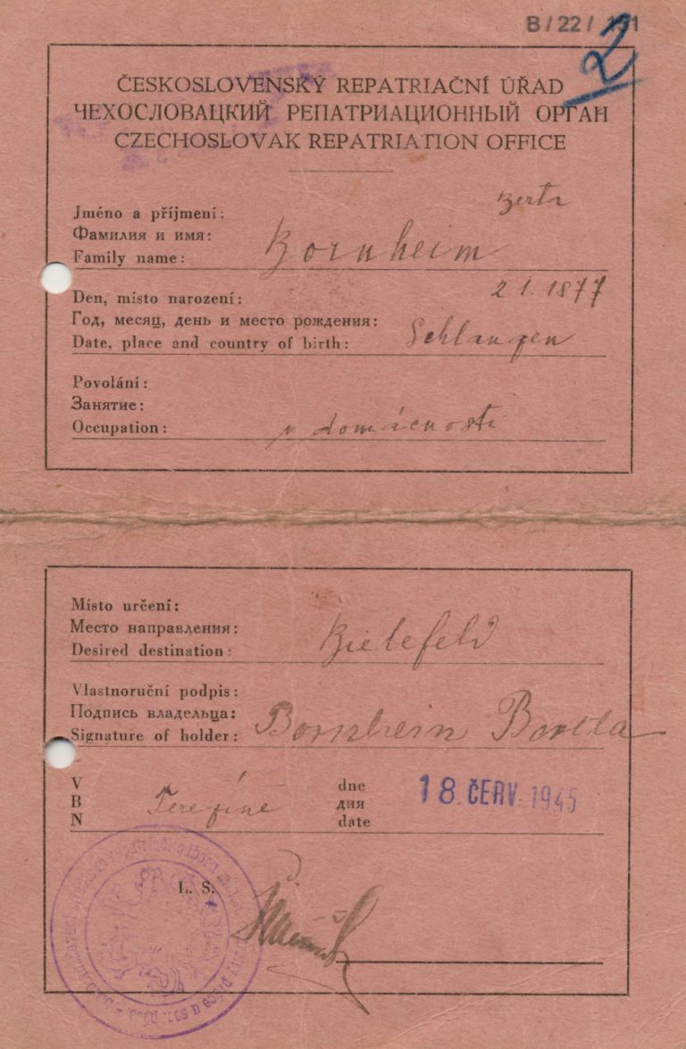 Entlassungsausweis aus dem Ghetto Theresienstadt für Bertha Bornheim. Stadtarchiv Bielefeld, Bestand 109,3/Amt für Wiedergutmachung Stadt, Nr. B 22