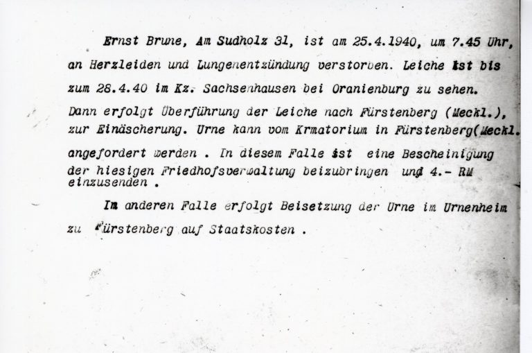 Benachrichtigung über den Tod von Ernst Brune, ca. 1940. Stadtarchiv Bielefeld, Bestand 200,110/Nachlass Dr. Monika Minninger, Nr. 87
