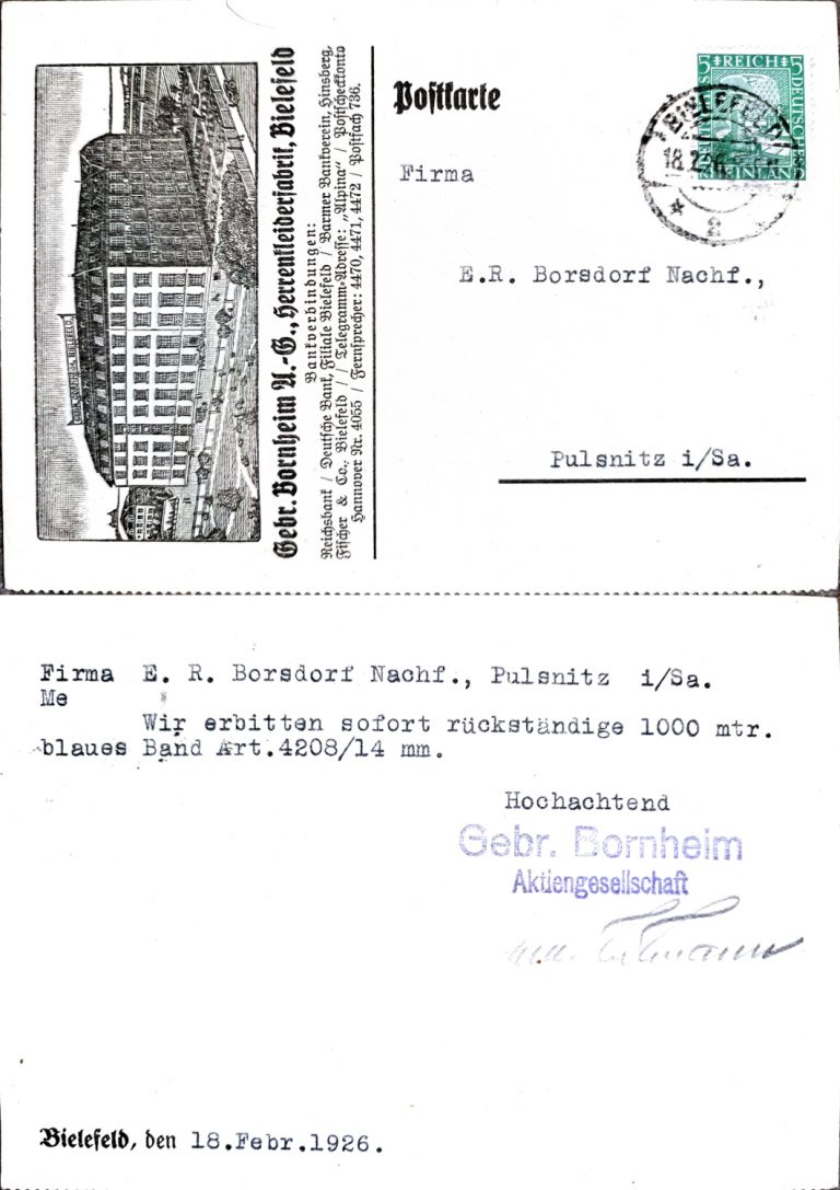 Postkarte der Herrenkleiderfabrik Gebr. Bornheim, Bielefeld 1926. Privatbesitz Julia Rathert