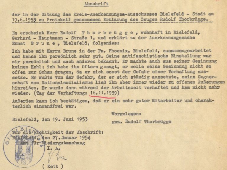 Abschrift des Leumunds für Ernst Brune, 1953. Stadtarchiv Bielefeld, Bestand 109,3/Wiedergutmachung Stadt, Nr. A 160