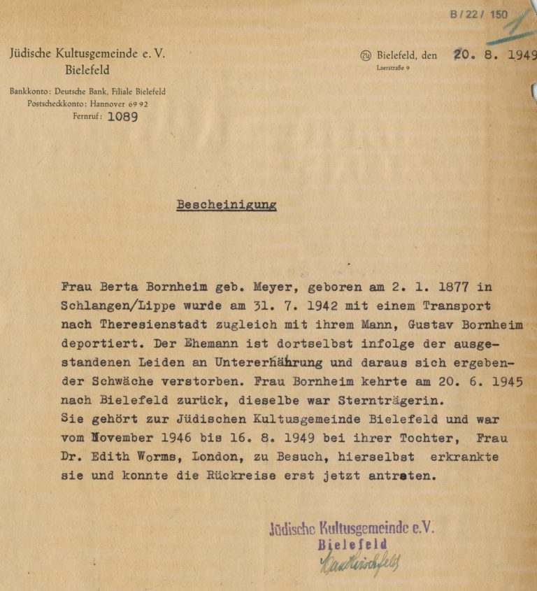 Bestätigung von der Jüdischen Kultusgemeinde Bielefeld, dass Bertha Bornheim in das Ghetto Theresienstadt verbracht wurde. Stadtarchiv Bielefeld, Bestand 109,3/Amt für Wiedergutmachung Stadt, Nr. B 22