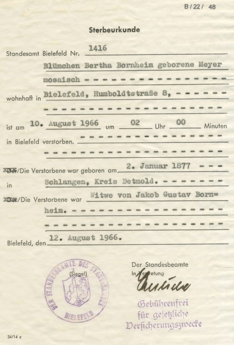 Sterbeurkunde von Bertha Bornheim Bertha Stadtarchiv Bielefeld, Bestand 109,3/Amt für Wiedergutmachung Stadt, Nr. B 22